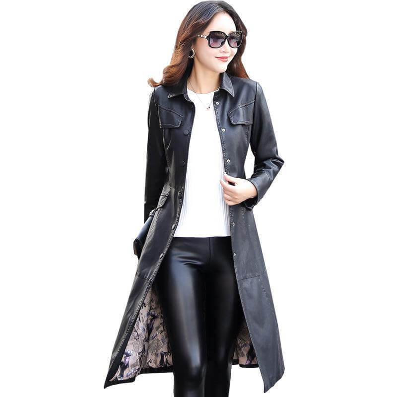 Women Long Leather Jacket 2018