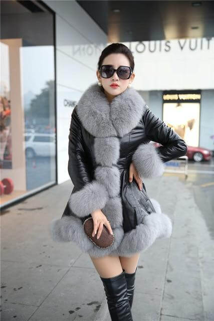 Womens Leather Jacket Faux Fox Fur Collar
