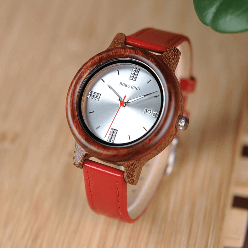 Womens Wooden Watch Pink Or Red With Date Display In Wood Gift Box