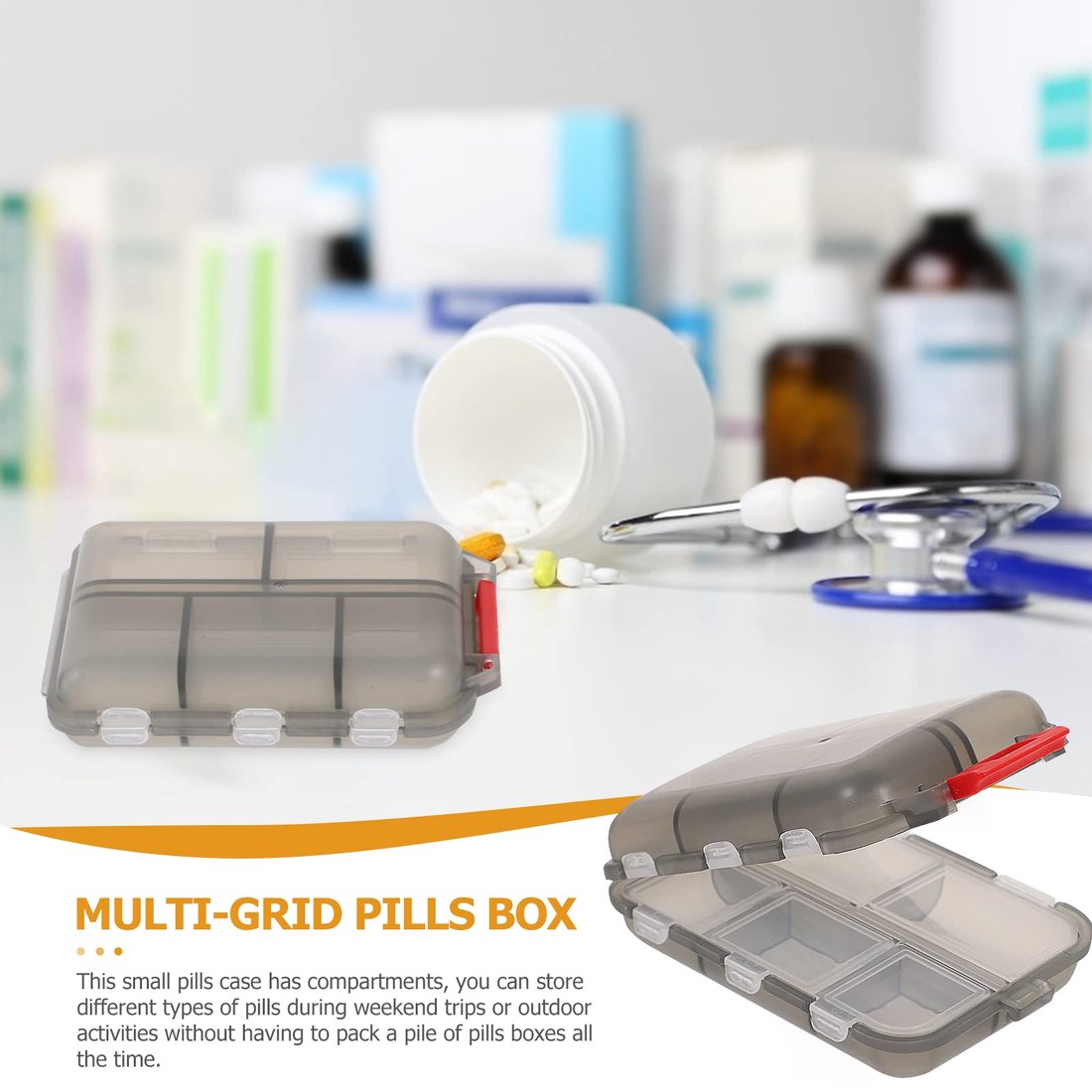 Grid Pill Box - 10 Compartments Portable Pill Case Travel Pill Organizer